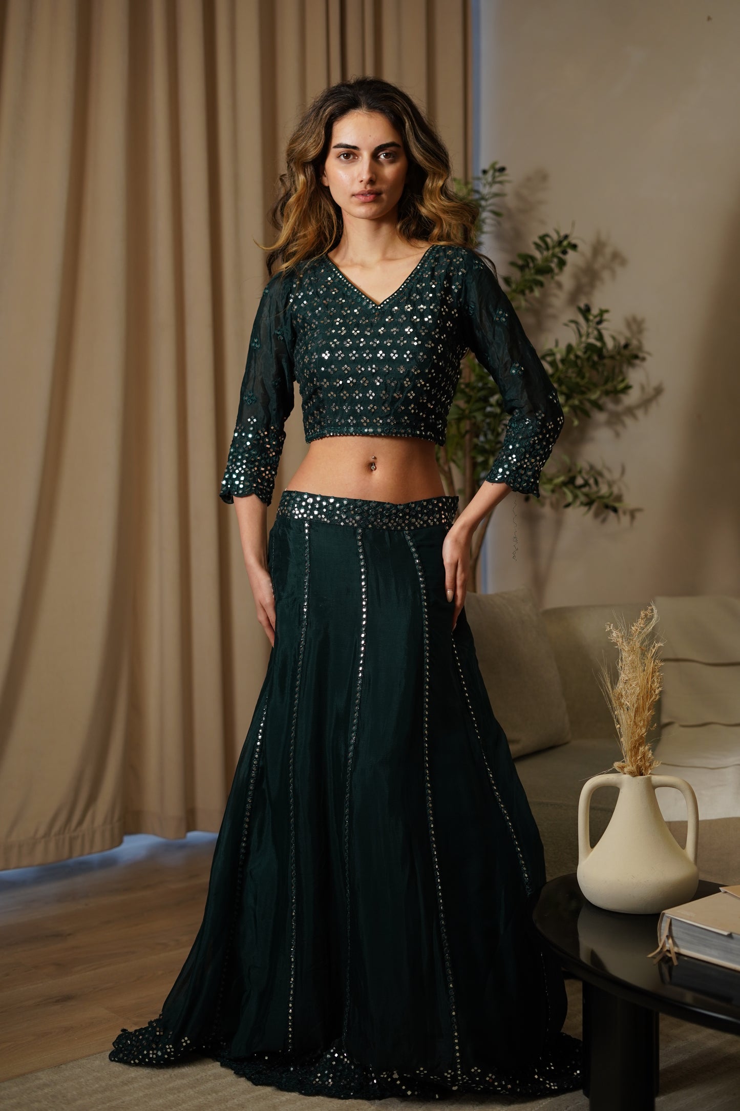 Forest Green Lengha with Silver Mirrors