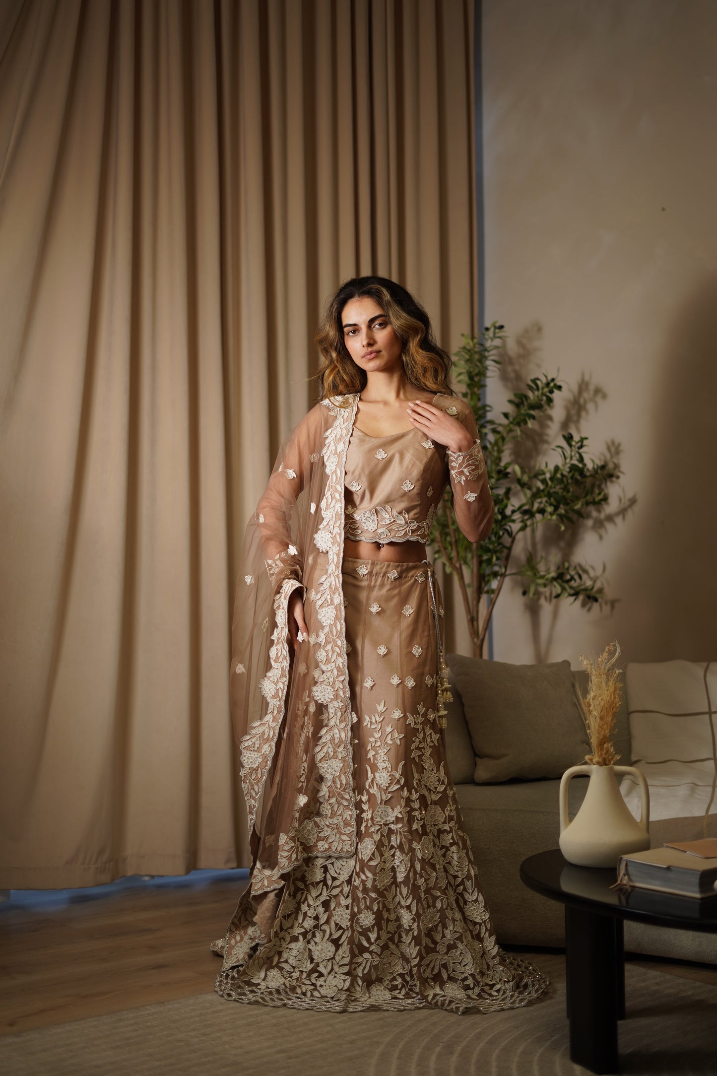 Bronze White Pearl Lehenga