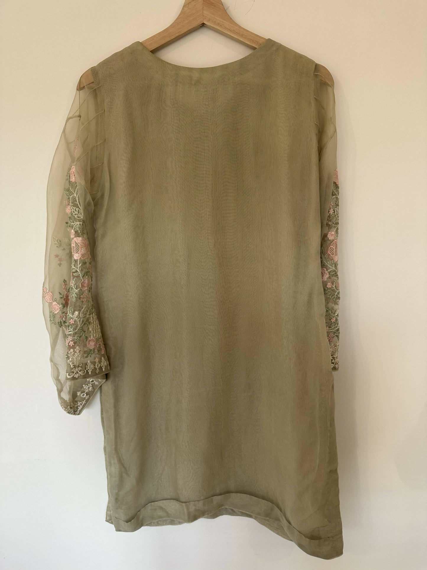 Sage Green Tunic Top With Embroidered sleeves Size M