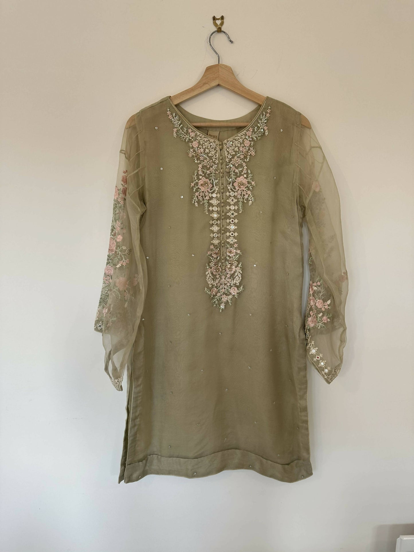 Sage Green Tunic Top With Embroidered sleeves Size M