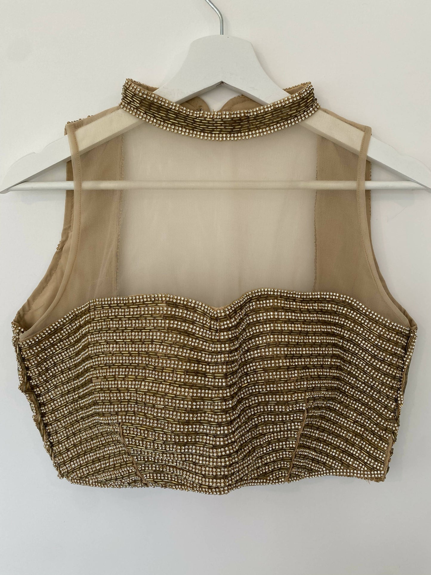 Gold Heavily Embellished Blouse With Sheer Body And High Neck