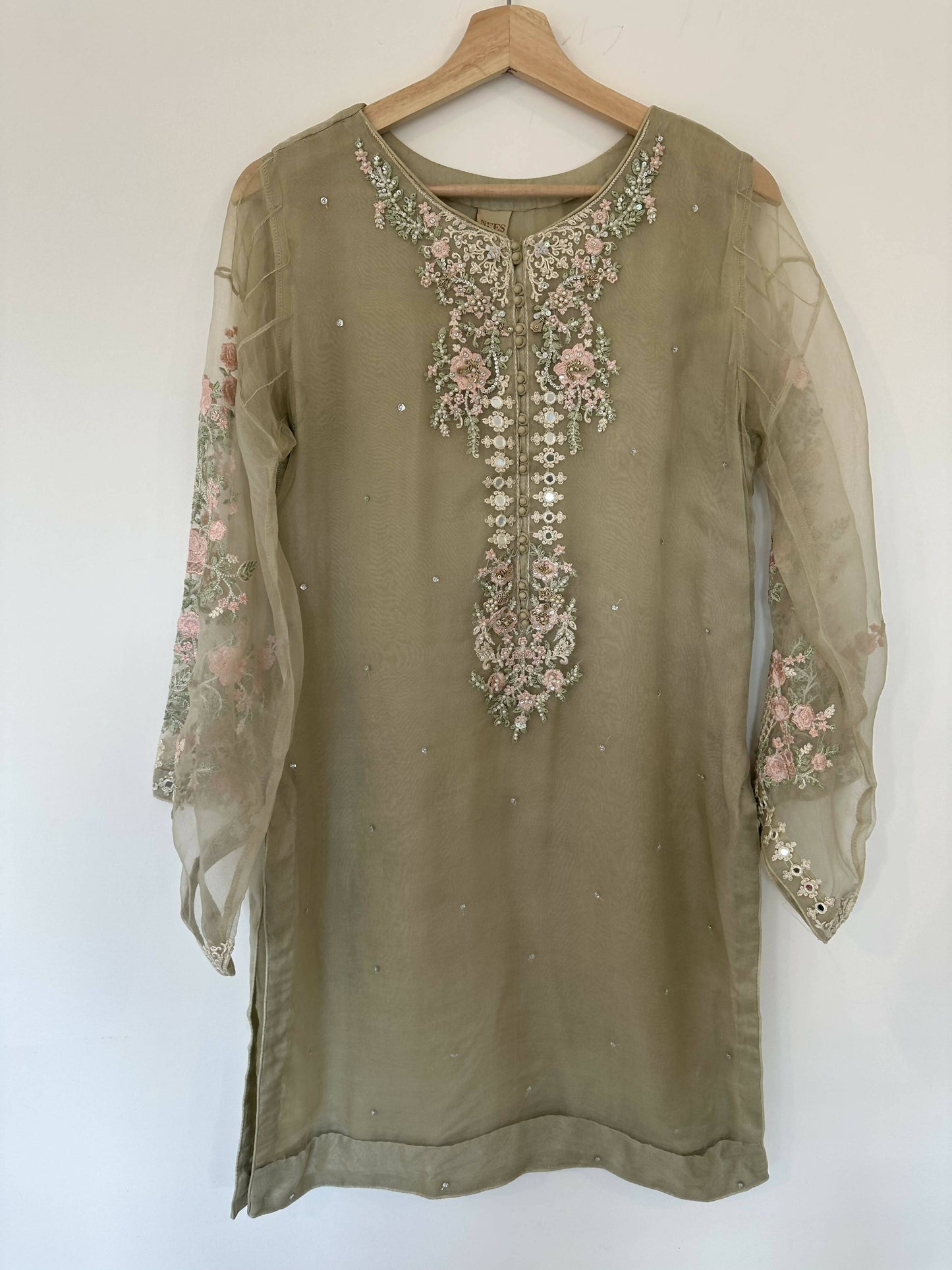 Sage Green Tunic Top With Embroidered sleeves Size M