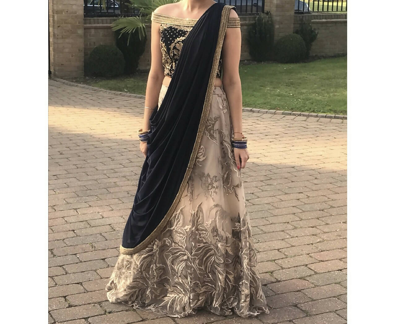 Off the shoulder lehenga and grey skirt