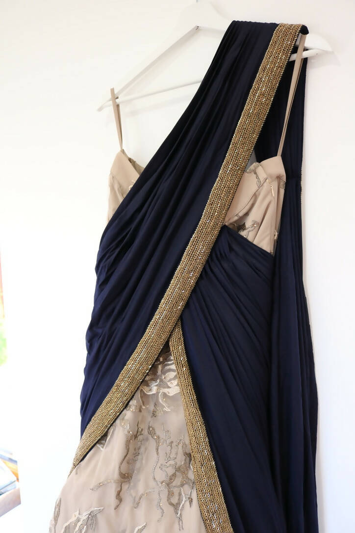 Off the shoulder lehenga and grey skirt