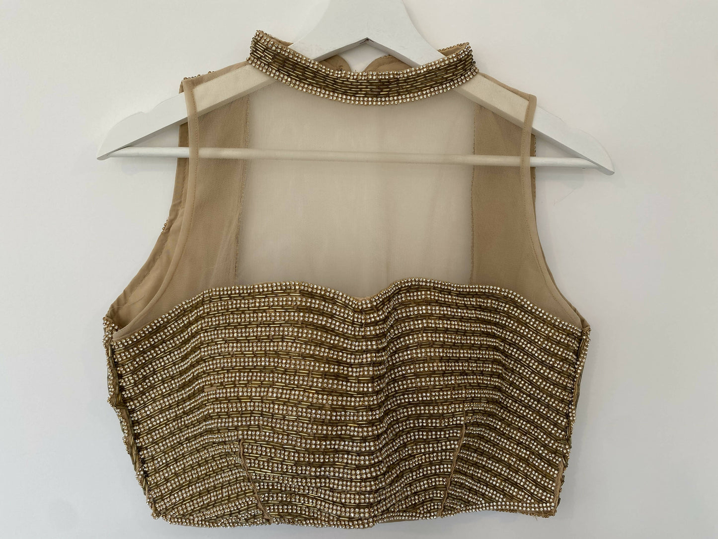 Gold Heavily Embellished Blouse With Sheer Body And High Neck